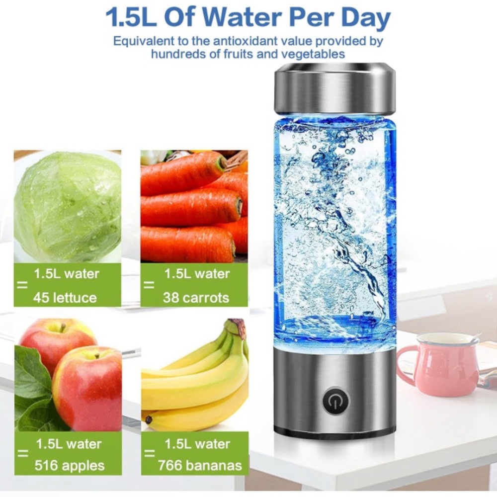 Hydrogen Water H2O Bottle Glass, Portable Rechargeable Ionizer Office Travel Gym